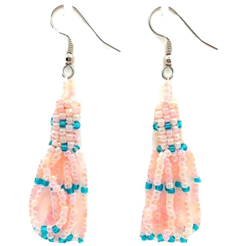 Dangle Drop Beaded Tassel Earrings Handmade Jewelry Pink Blue - Picture 1 of 3